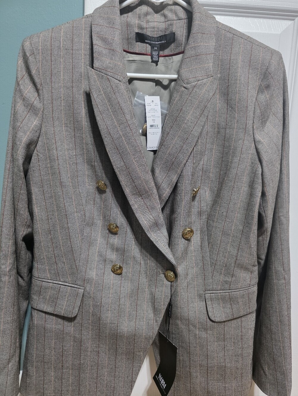White House Black Market Gray Pinstripe Double-Breasted Blazer with Pink Stripe